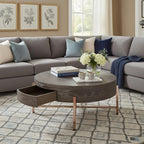 32" Dark Brown and Champagne Wood And Metal Round Sled Coffee Table With Drawer