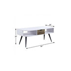 44" White and Black Melamine Veneer And Metal Coffee Table With Drawer And Shelf