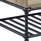 47" Oak and Brown Metal Coffee Table With Two Drawers And Shelf