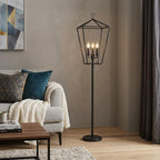 64" Black Three Light Floor Lamp With Black Geometric Shade