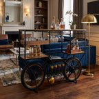 Brown and Black Metal And Solid Wood Bar Cart With Wine Storage