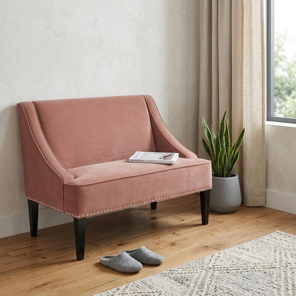 45" Blush And Brown Upholstered Velvet Bench