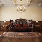 93" Brown Faux Leather Sofa And Toss Pillows With Burgundy Legs