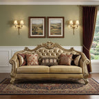 89" Bone Faux Leather Sofa And Toss Pillows With Gold Legs