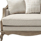 86" Brown And Beige Upholstered Solid Wood Sofa With Toss Pillows