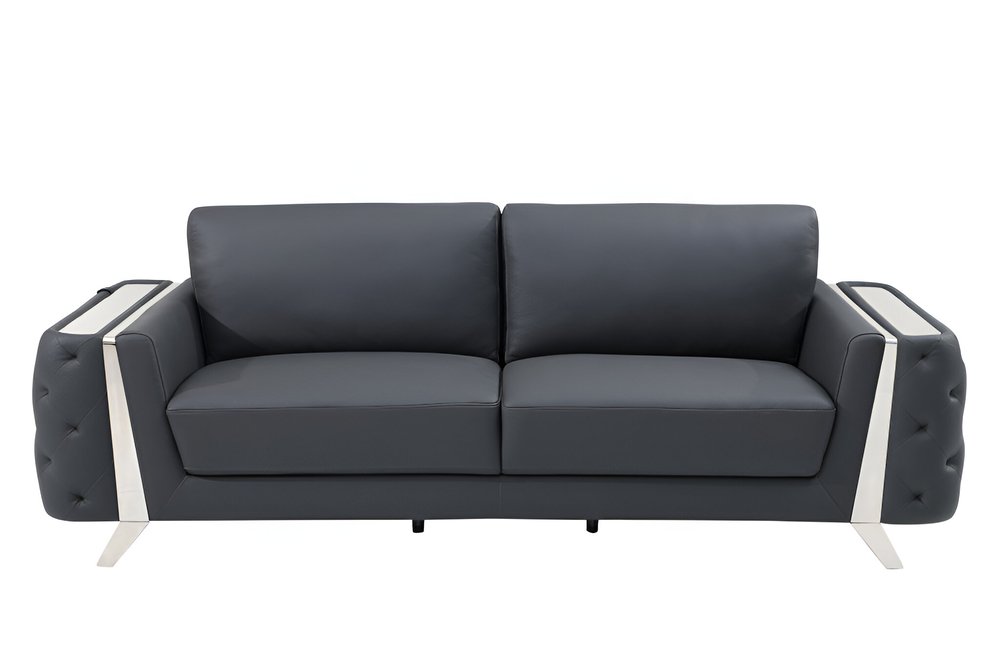 90" Beige Italian Leather Sofa With Gold Legs