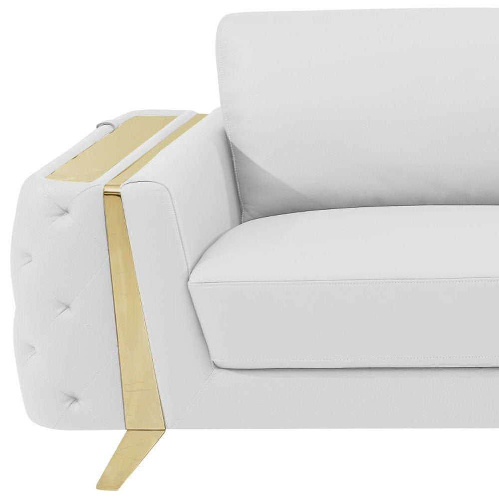 90" Beige Italian Leather Sofa With Gold Legs
