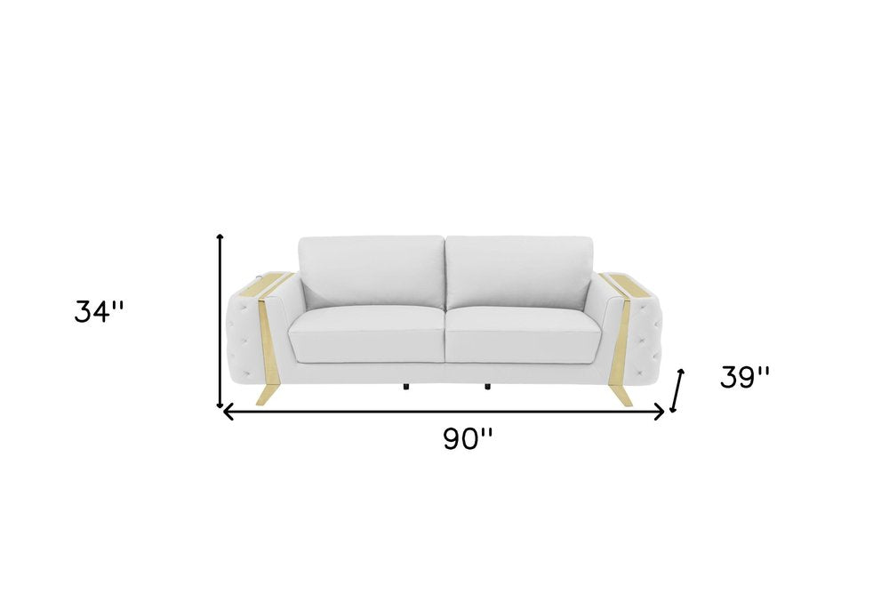 90" Beige Italian Leather Sofa With Gold Legs