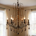 Brown Candle Style Six Light Wood Chandelier