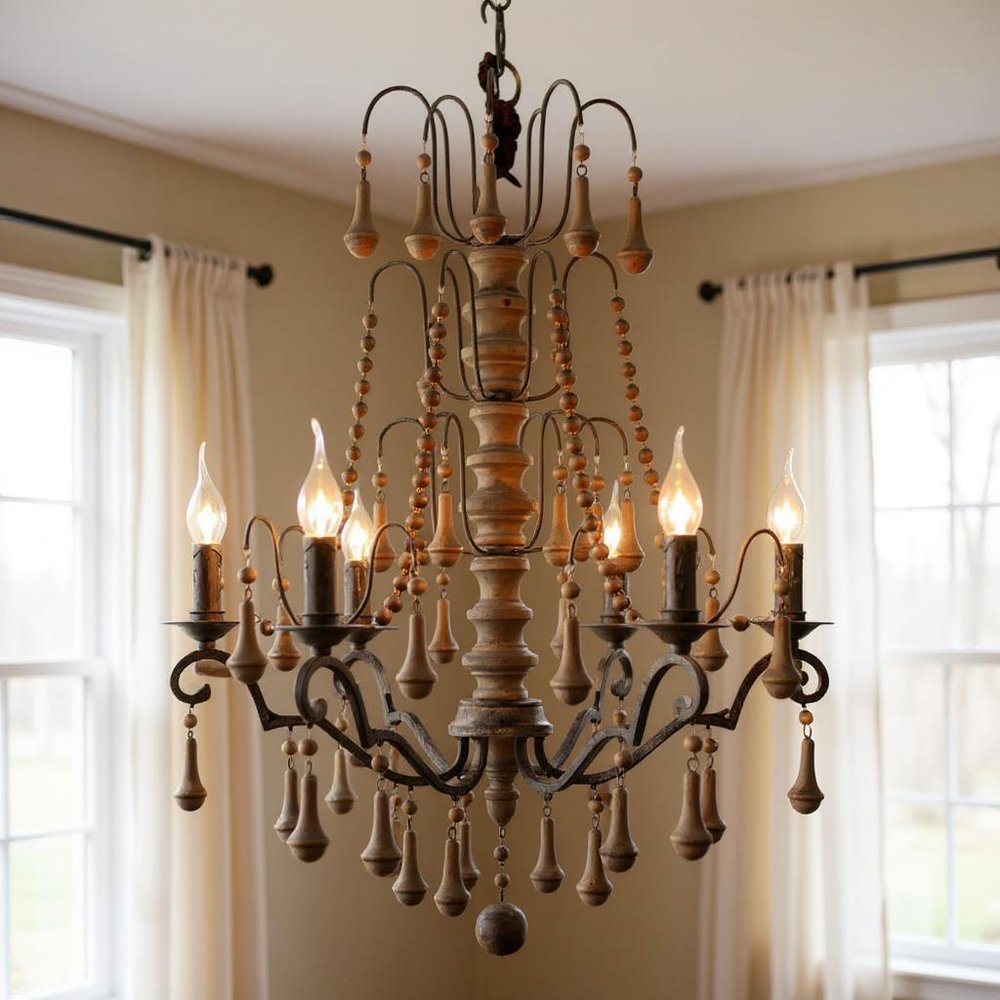 Brown Candle Style Six Light Wood Chandelier