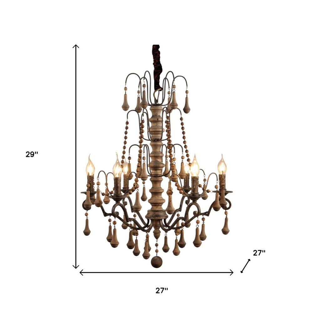 Brown Candle Style Six Light Wood Chandelier
