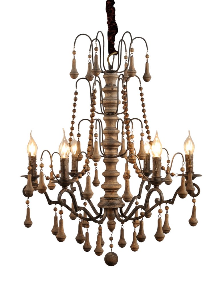 Brown Candle Style Six Light Wood Chandelier