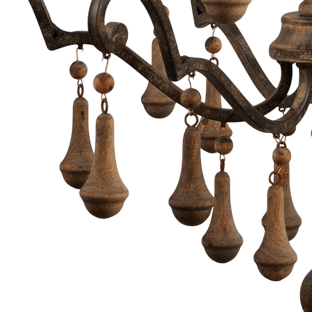 Brown Candle Style Six Light Wood Chandelier
