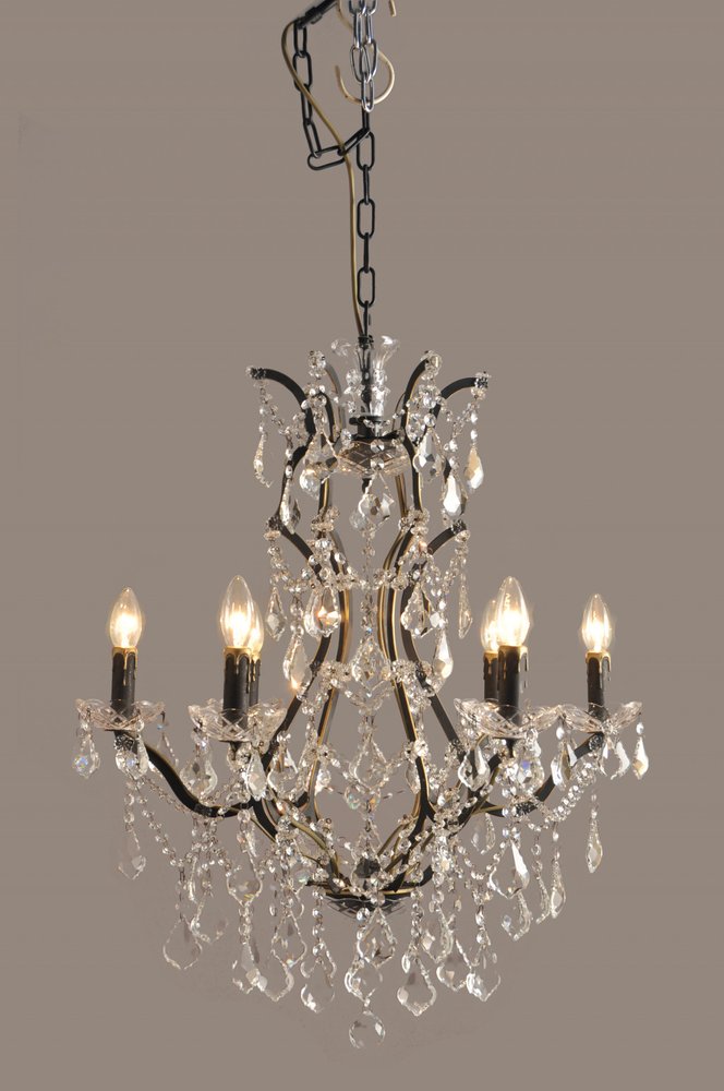 Black Candle Style Six Light Metal and Crystal Glass Chandelier