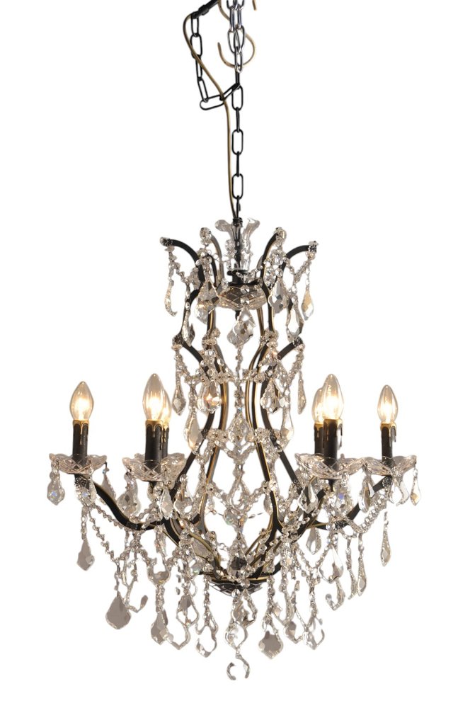 Black Candle Style Six Light Metal and Crystal Glass Chandelier