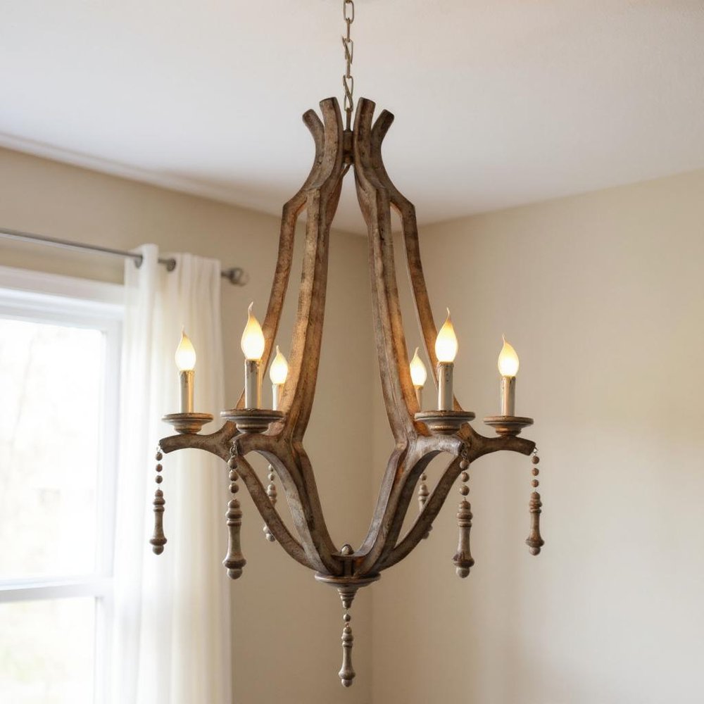 Brown Candle Style Six Light Metal Chandelier