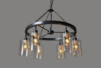Black Shaded Six Light Metal and Transparent Glass Chandelier With Clear Shades