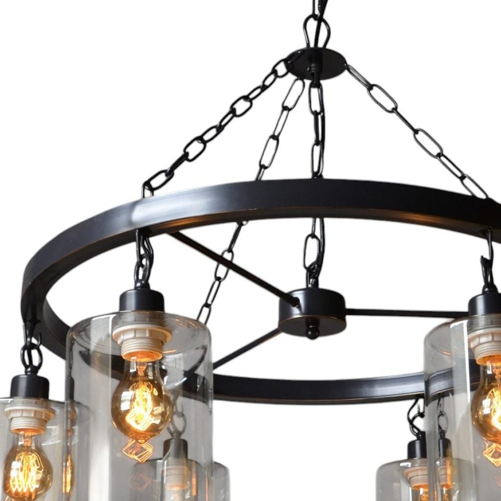 Black Shaded Six Light Metal and Transparent Glass Chandelier With Clear Shades