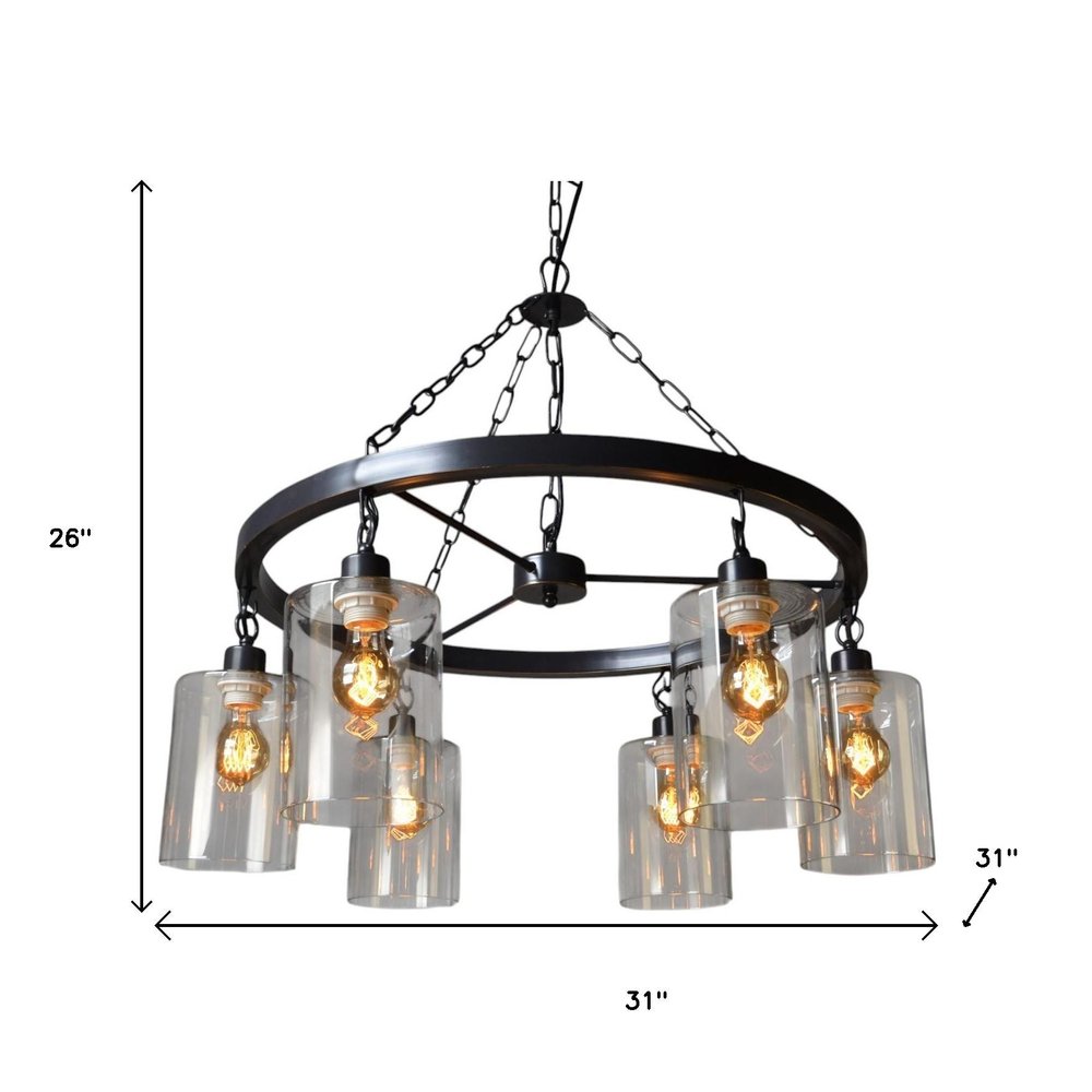 Black Shaded Six Light Metal and Transparent Glass Chandelier With Clear Shades