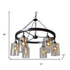Black Shaded Six Light Metal and Transparent Glass Chandelier With Clear Shades