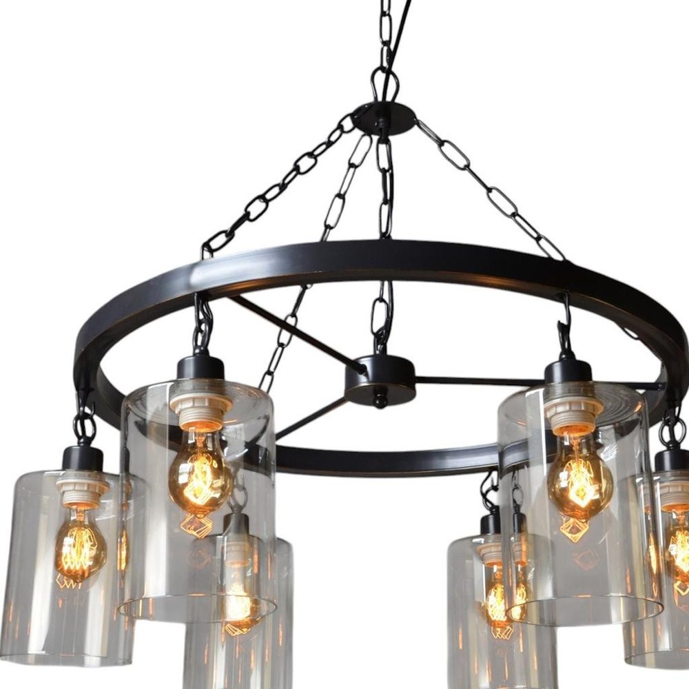 Black Shaded Six Light Metal and Transparent Glass Chandelier With Clear Shades