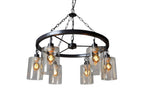Black Shaded Six Light Metal and Transparent Glass Chandelier With Clear Shades