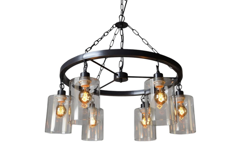 Black Shaded Six Light Metal and Transparent Glass Chandelier With Clear Shades