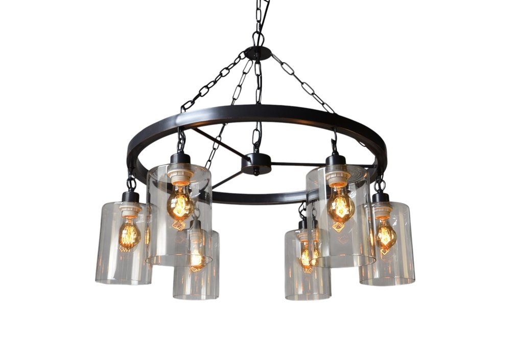 Black Shaded Six Light Metal and Transparent Glass Chandelier With Clear Shades