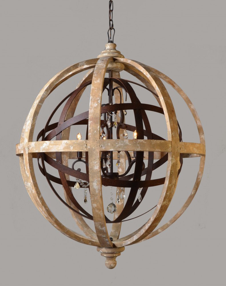 Brown Unique Statement Five Light Wood Chandelier With Brown Shades