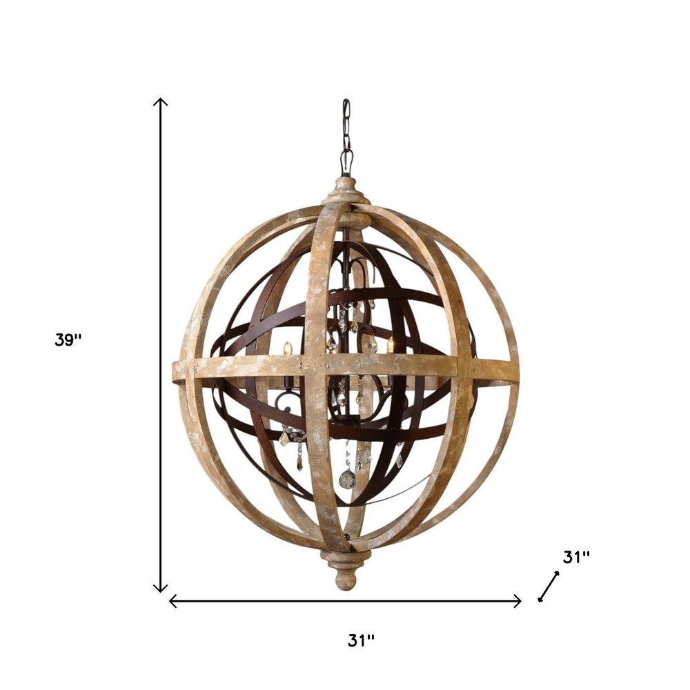 Brown Unique Statement Five Light Wood Chandelier With Brown Shades