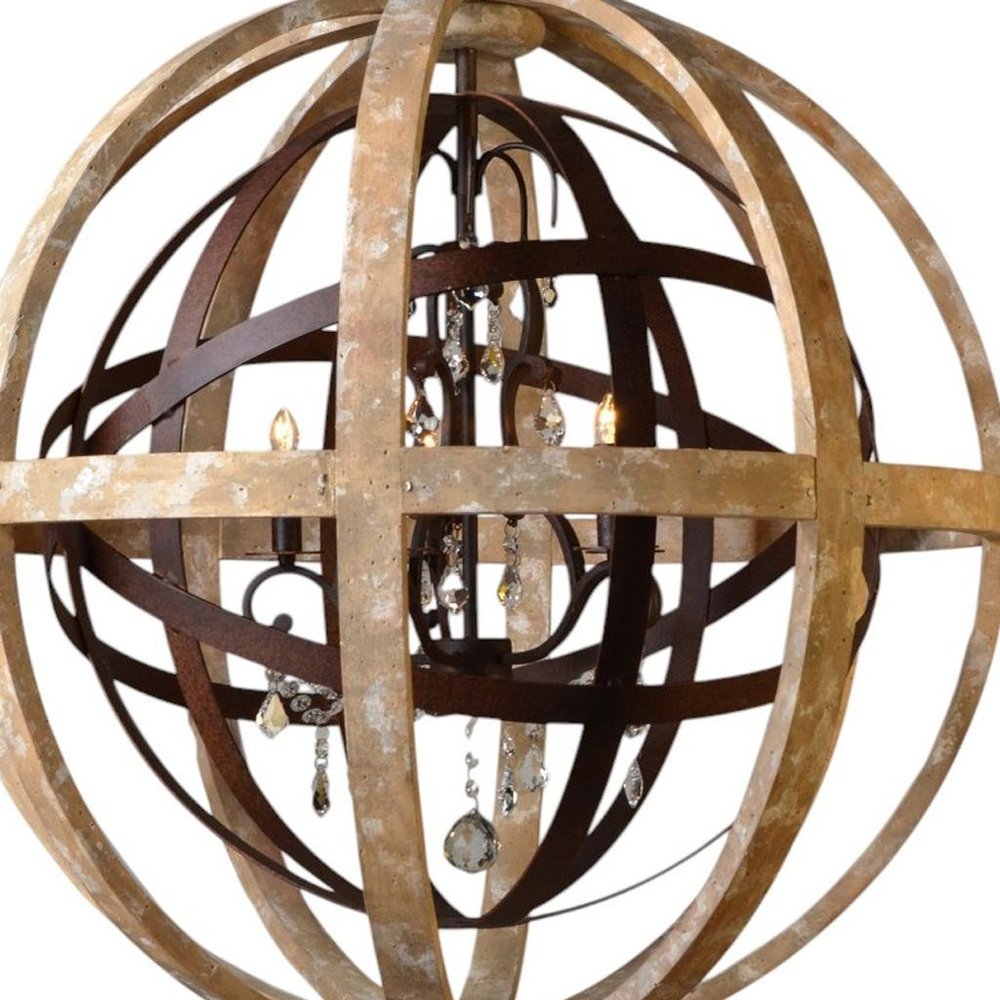Brown Unique Statement Five Light Wood Chandelier With Brown Shades