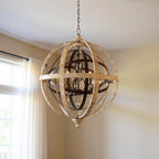Brown Unique Statement Five Light Wood Chandelier With Brown Shades
