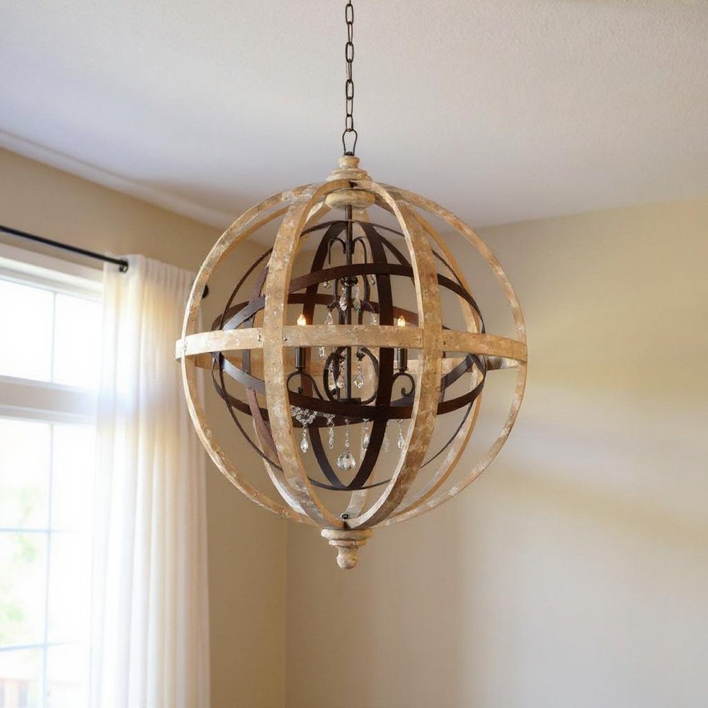 Brown Unique Statement Five Light Wood Chandelier With Brown Shades