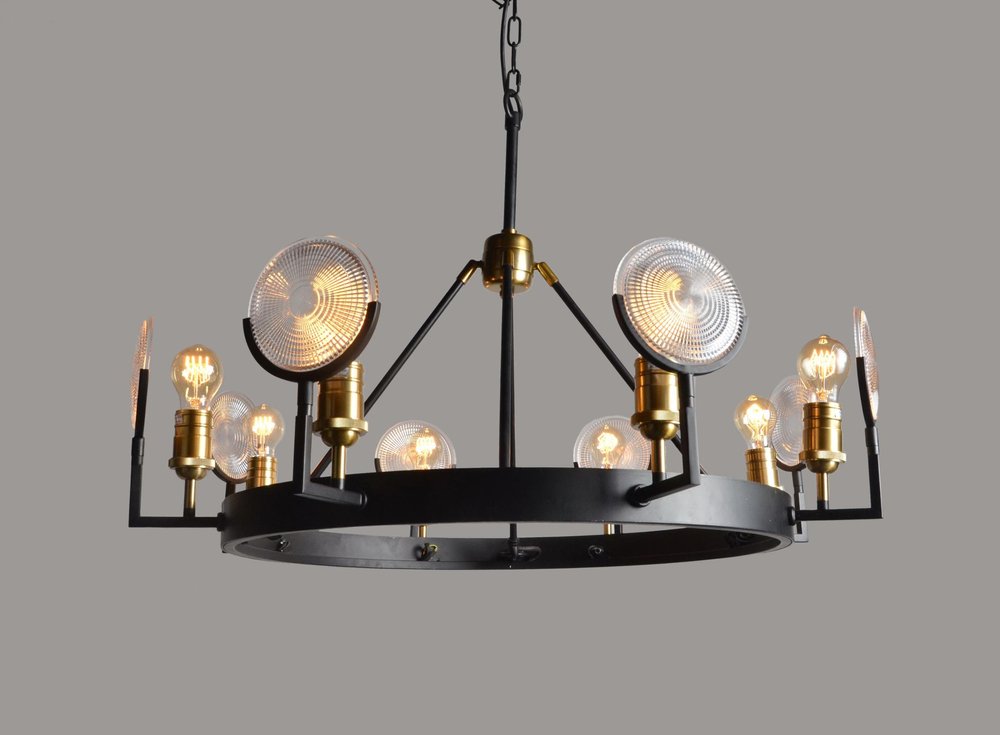 Black And Gold Unique Statement Eight Light Metal Chandelier With Clear Shades