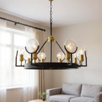 Black And Gold Unique Statement Eight Light Metal Chandelier With Clear Shades