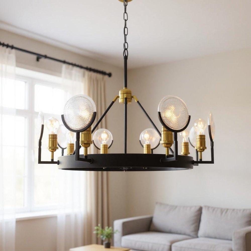 Black And Gold Unique Statement Eight Light Metal Chandelier With Clear Shades