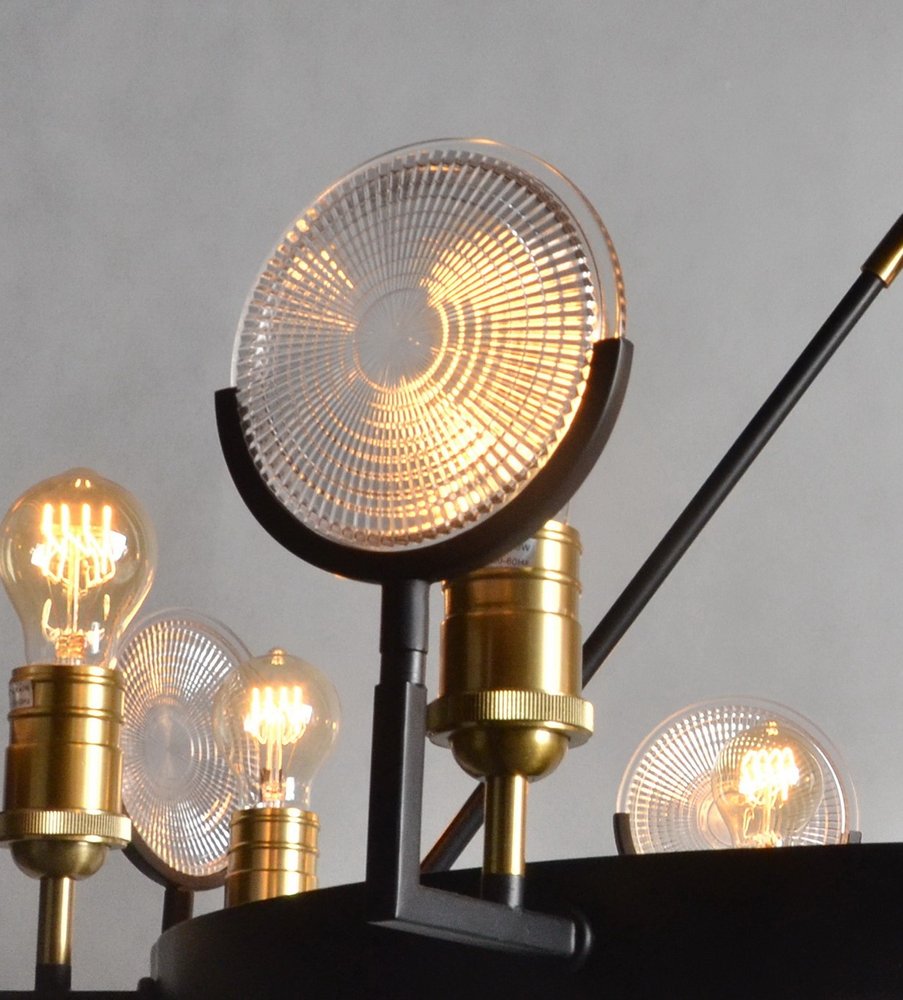 Black And Gold Unique Statement Eight Light Metal Chandelier With Clear Shades