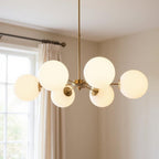 Brass Sputnik Six Light Metal Chandelier With White Shades