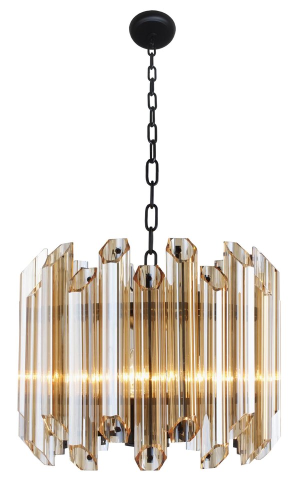 Amber Unique Statement Five Light Metal and Beveled Glass Chandelier With Amber Shades