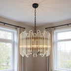 Amber Unique Statement Five Light Metal and Beveled Glass Chandelier With Amber Shades