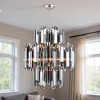 Silver Unique Statement Nine Light Metal and Beveled Glass Chandelier With Silver Shades