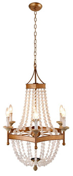Gold And White Candle Style Six Light Metal and Frosted Glass Chandelier