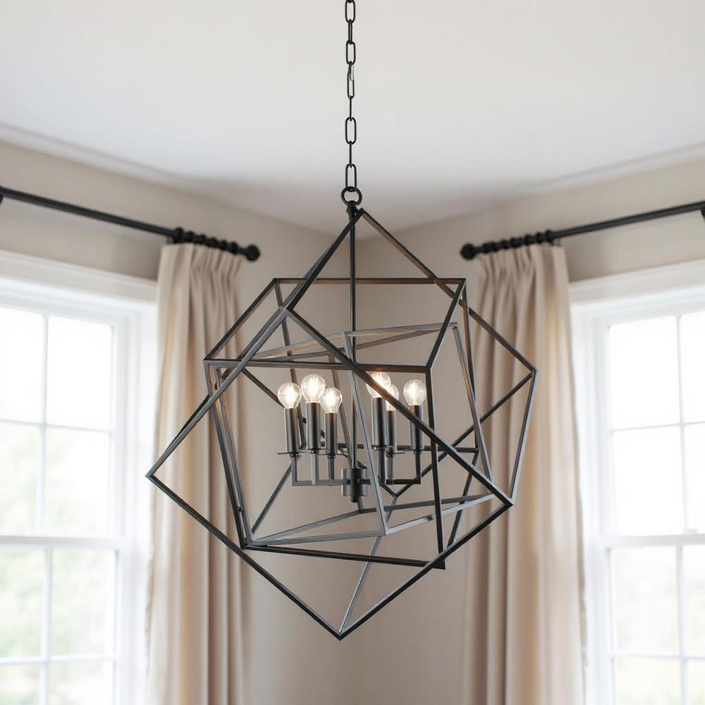 Black Unique Statement Six Light Metal Chandelier With Black Shades