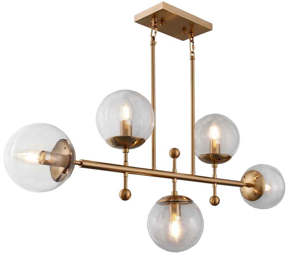 Brass Kitchen Island Five Light Metal and Transparent Glass Chandelier With Clear Shades