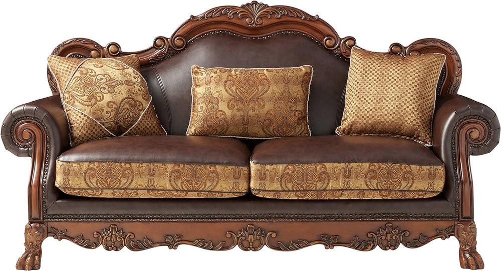 89" Brown Chenille Faux Leather And Wood Damask Sofa With Toss Pillows
