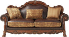 89" Brown Chenille Faux Leather And Wood Damask Sofa With Toss Pillows