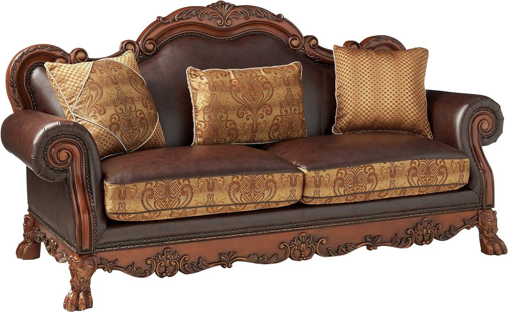 89" Brown Chenille Faux Leather And Wood Damask Sofa With Toss Pillows