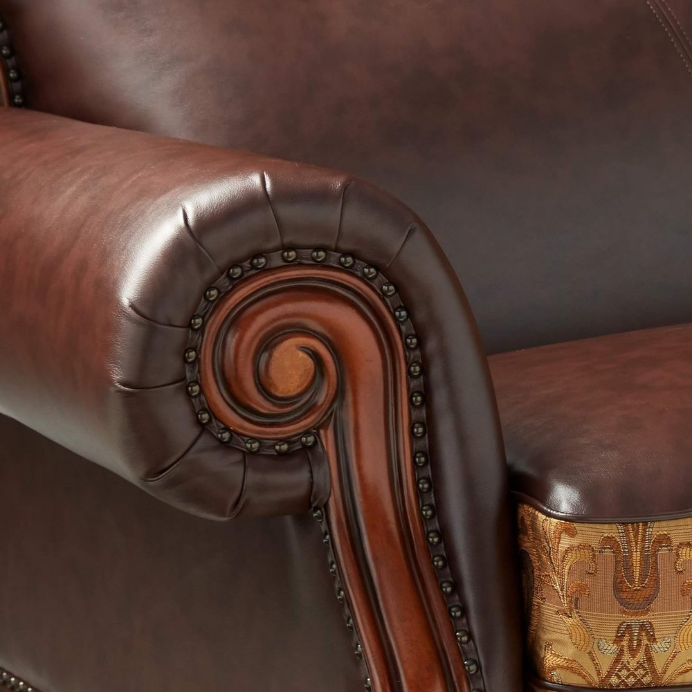 89" Brown Chenille Faux Leather And Wood Damask Sofa With Toss Pillows