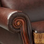 89" Brown Chenille Faux Leather And Wood Damask Sofa With Toss Pillows