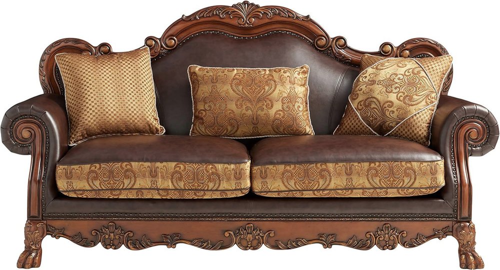 89" Brown Chenille Faux Leather And Wood Damask Sofa With Toss Pillows
